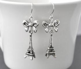 Antique Silver Eiffel Tower earrings, paris inspiration, bow, ribbon 