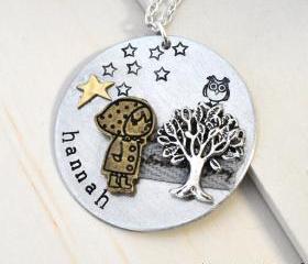Custom Art necklace, personalized jewelry, special gifts, tree, owl, girl, star, hand stamped, name necklace, keepsake, one of a kind gift,