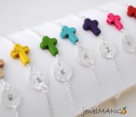 colorful cross initial bracelet , Turquoise bracelet , monogram, cross jewelry, horizontal cross, choose your color, bff. best friends