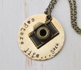 Personalized initial camera necklace, Capture Life, long necklace, photographer, monogram, hand stamped, custom necklace Bronze