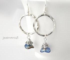 blue Sapphire Flower silver Hoop Earrings dangle earrings Three Petal Sapphire Flower