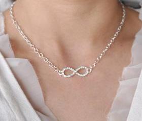 Silver infinity Necklace, everyday, infinity jewelry, everlasting love, enternity, gift BFF, rhinestone infinity charm, Toggle Clasps