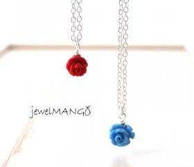 flower necklace Vintage style Jewelry skyblue, Red, Garden Rose Charm, small flower, rose charm necklace